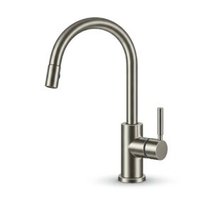 Detailed illustration of a durable stainless steel single hole kitchen faucet with a modern design.