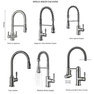 Illustration showcasing various single hole kitchen faucet styles, including gooseneck and pull-down.