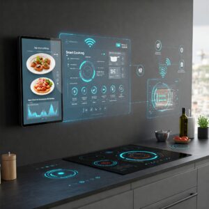 Illustration depicting smart kitchen technology that helps optimize fuel consumption in a modern fuel kitchen.