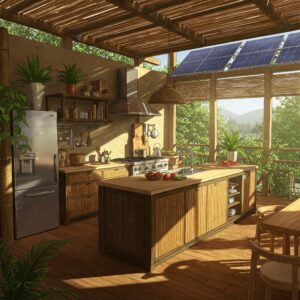 Concept illustration of a sustainable fuel kitchen powered by rooftop solar panels.