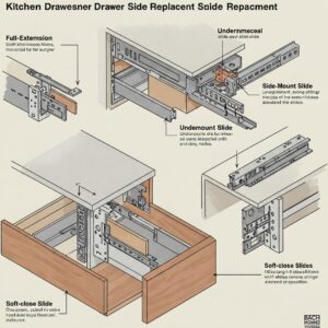 Illustration showcasing different types of kitchen drawer slides available for replacement.