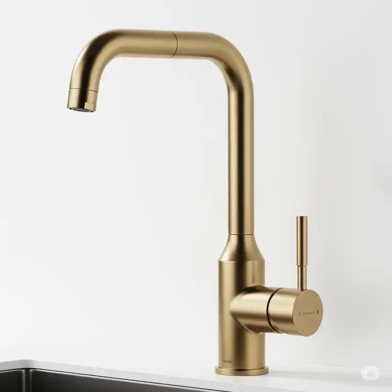 Brushed brass kitchen faucet modern with a sleek single-handle design.