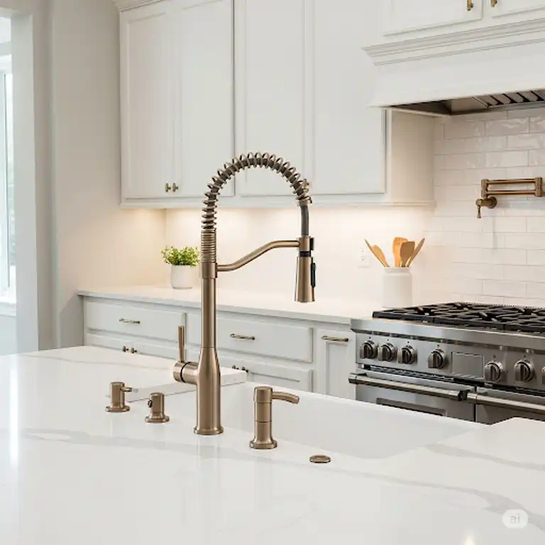 Elegant kitchen featuring a champagne bronze kitchen faucet and coordinating hardware