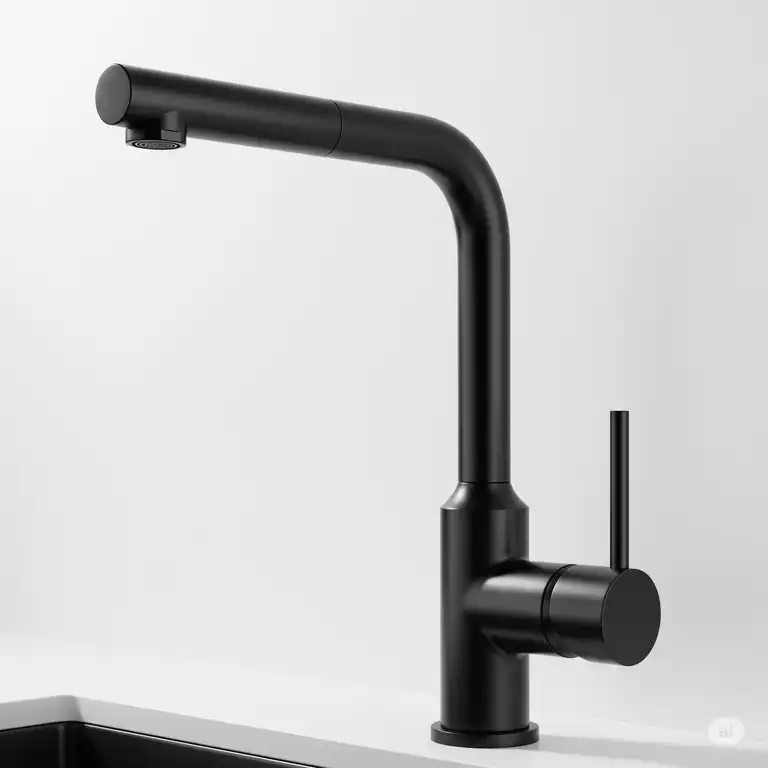 Modern matte black kitchen faucet with a sleek single-handle design.