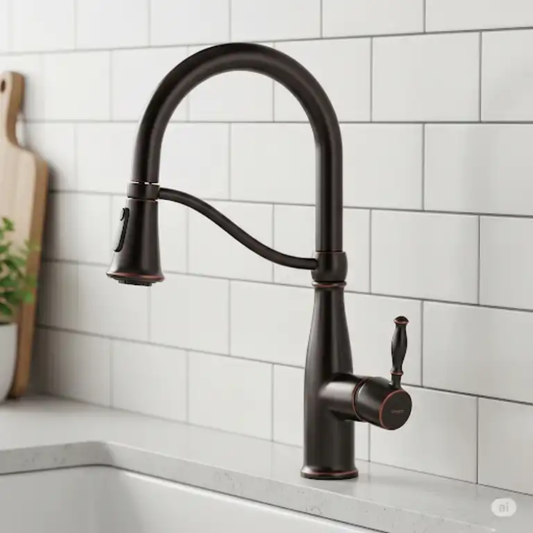 Elegant oil rubbed bronze kitchen faucet with a pull-down sprayer, perfect for a modern farmhouse kitchen.