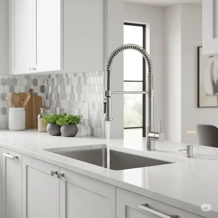 Modern one hole kitchen faucet with pull-down sprayer in a contemporary kitchen design.