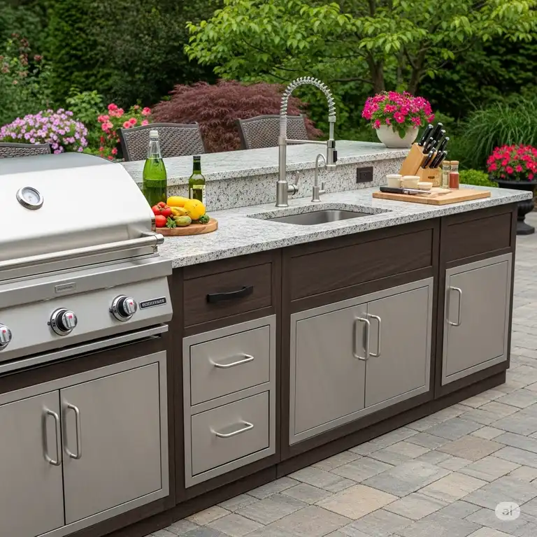 Modern outdoor kitchen featuring a durable stainless steel outdoor kitchen faucet, perfect for culinary tasks and entertaining.