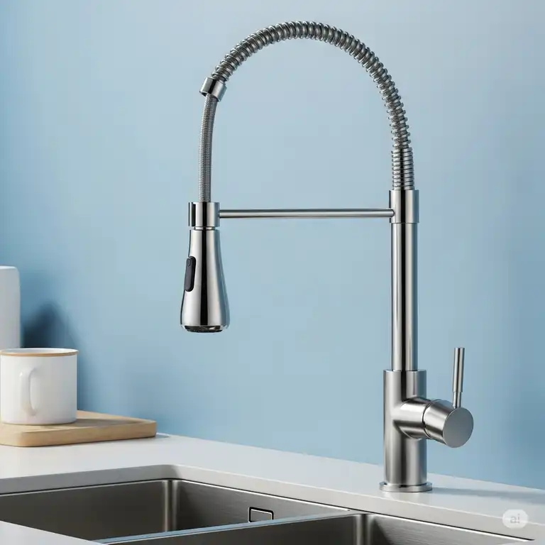 Sleek stainless steel pull out kitchen faucet with a sprayer head, ideal for modern kitchen sinks.