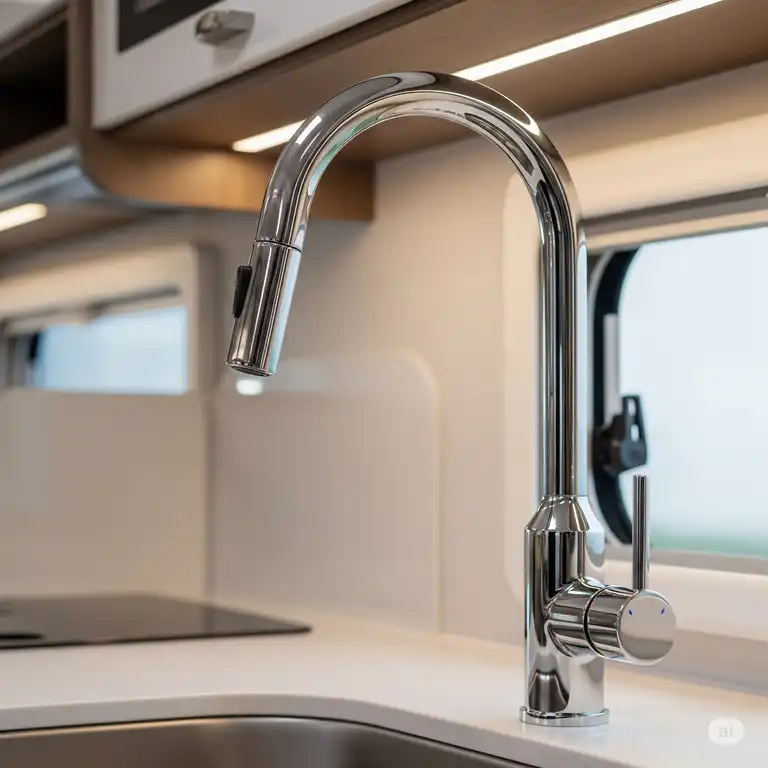 Close-up view of a modern chrome RV kitchen sink faucet installed, highlighting its design and functionality for compact spaces.