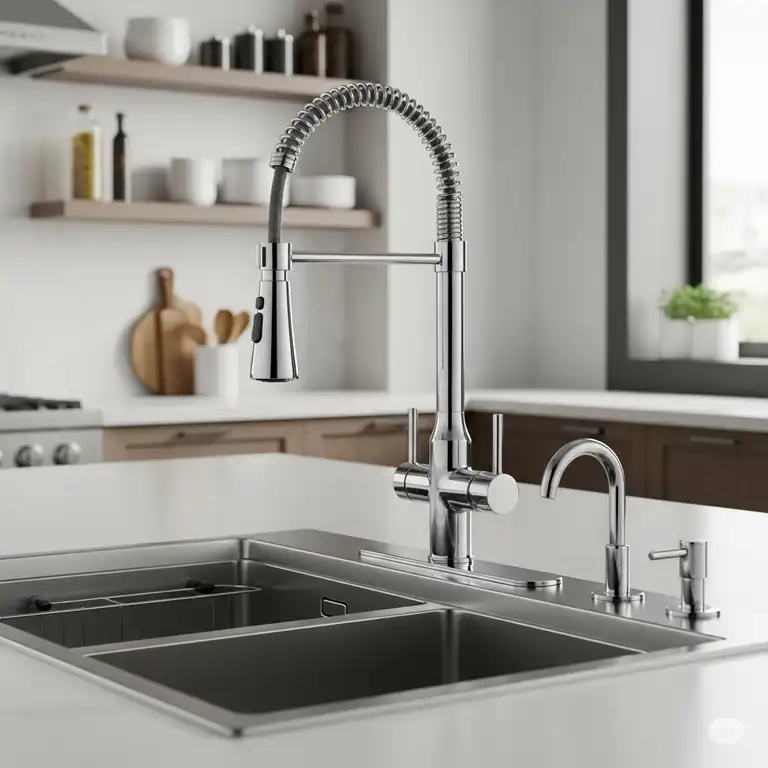 Elegant chrome three hole kitchen faucet with pull-down sprayer installed in a modern kitchen sink.