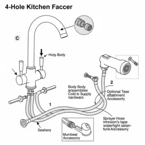 Detailed diagram for 4 hole kitchen faucet installation.