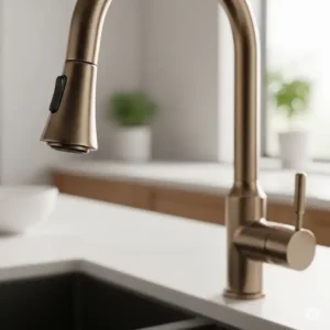 Close-up detail of a champagne bronze kitchen faucet's finish and design