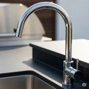 Sleek, contemporary design of an outdoor kitchen faucet, ideal for modern backyard spaces.