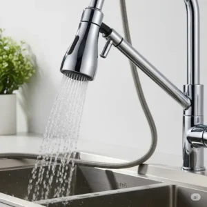 Close-up of a pull out kitchen faucet's sprayer head extended for easy rinsing and cleaning.
