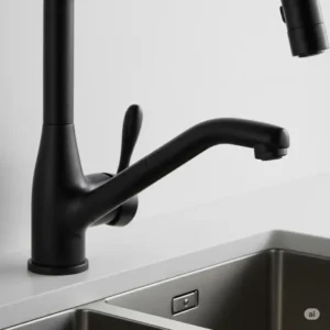 Detailed view of the elegant matte black kitchen faucet handle and spout.