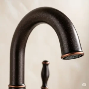 Detailed view of the rich, dark finish on an oil rubbed bronze kitchen faucet, showcasing its unique texture.