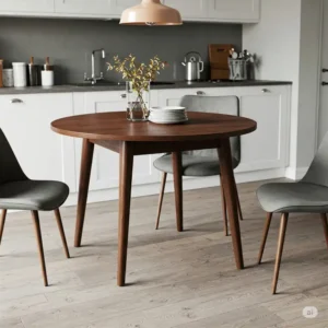 Detailed view of the wood grain on a 42 round kitchen table.