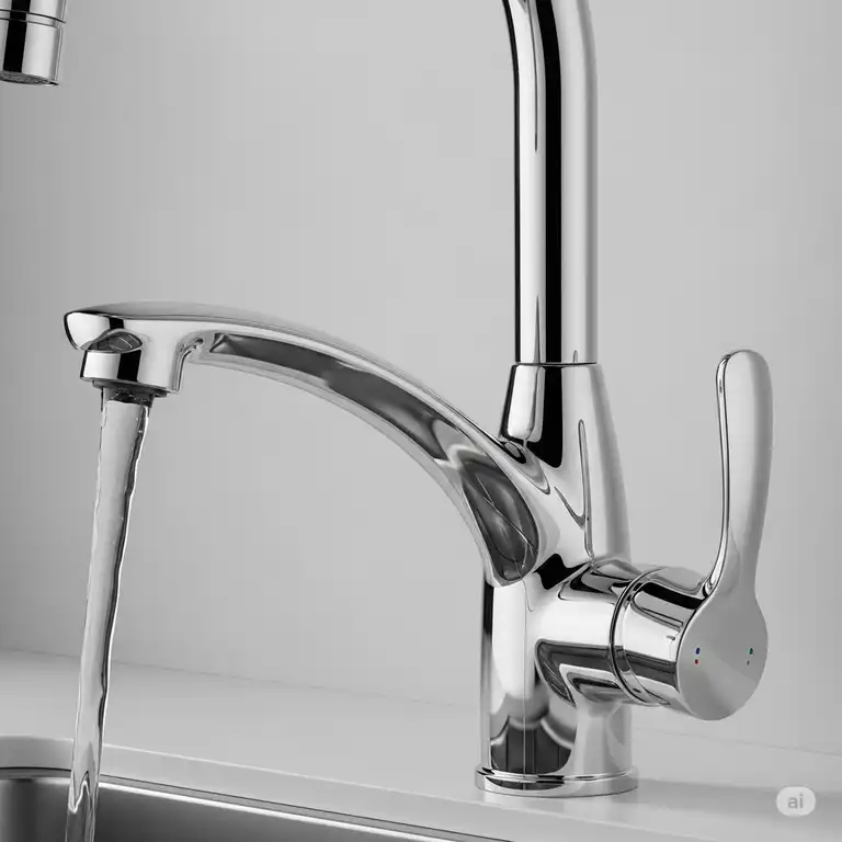 Detailed view of the ergonomic single handle kitchen faucet mechanism, allowing for precise adjustment of hot and cold water.