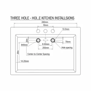 Technical drawing illustrating the dimensions and spacing for a standard three hole kitchen faucet installation.