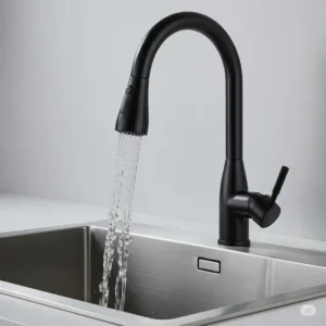 Matte black kitchen faucet installed in a stainless steel sink with water flowing.