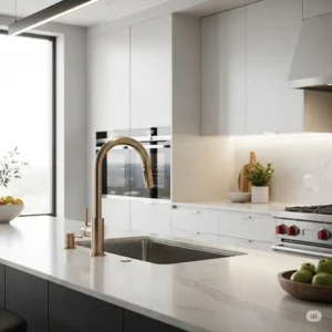 Modern kitchen design with a sleek champagne bronze kitchen faucet as a focal point