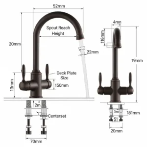 Technical diagram with key dimensions for an oil rubbed bronze kitchen faucet, aiding in installation planning.