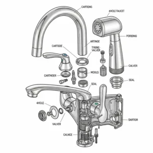 Exploded view showing parts of a 4 hole kitchen faucet.