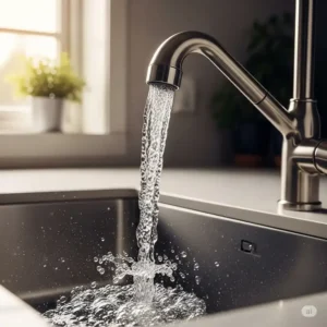 Water gracefully flowing from a stunning polished nickel kitchen faucet.