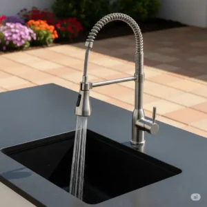 Outdoor kitchen faucet with a convenient pull-down sprayer for easy cleaning and food prep.