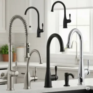 An array of single handle kitchen faucets showcasing popular finishes like brushed nickel, matte black, and chrome, complementing various kitchen styles.