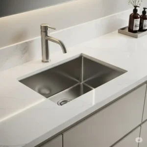 Seamless undermount **stainless steel kitchen wash basin** integrated into a quartz countertop.