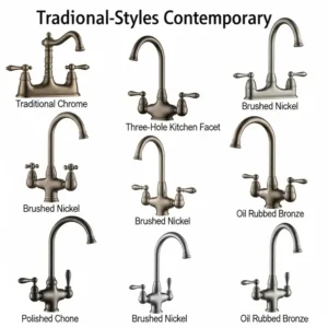 Collage showcasing various styles of three hole kitchen faucets, from traditional to contemporary designs.