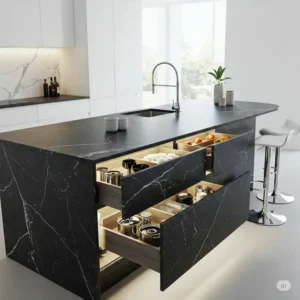 Curved kitchen island design highlighting practical storage solutions with open drawers.