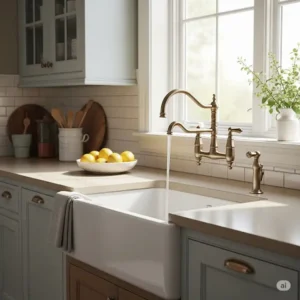 Farmhouse style kitchen showcasing a champagne bronze kitchen faucet and apron sink
