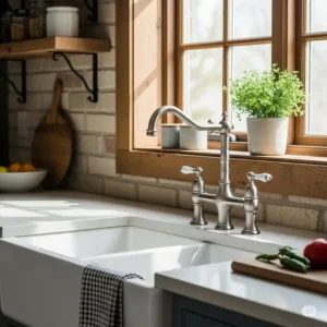 A classic polished nickel kitchen faucet adds sophistication to a farmhouse kitchen.