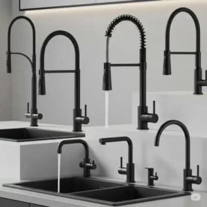 Various styles of modern matte black kitchen faucets including gooseneck and pull-down options.