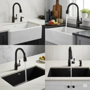 An oil rubbed bronze kitchen faucet displayed with various sink styles, including farmhouse and undermount, for design inspiration.