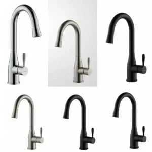Various finishes available for one hole kitchen faucets, including chrome, brushed nickel, and matte black.