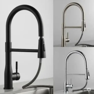 Variety of pull out kitchen faucet finishes including matte black, brushed nickel, and polished chrome.