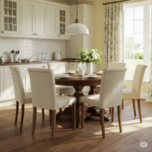 A 42 round kitchen table set with comfortable dining chairs in a bright kitchen.