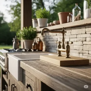 Rustic style outdoor kitchen faucet in a charming farmhouse setting, adding character to your patio.
