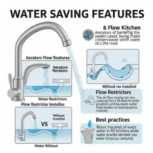 Infographic highlighting water-saving features of an RV kitchen sink faucet, such as aerators and flow restrictors, beneficial for conserving water on the road.