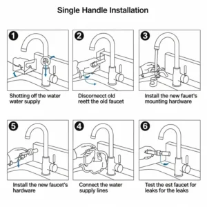 Step-by-step diagram illustrating the straightforward installation process for a single handle kitchen faucet, ideal for DIY enthusiasts. 