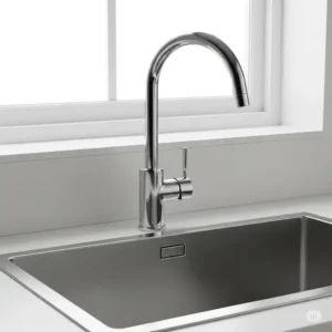 Single lever faucet kitchen installed on a stainless steel sink.