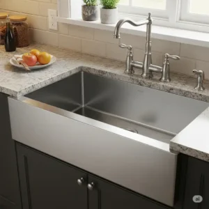 Classic farmhouse style **stainless steel kitchen wash basin** with a prominent apron front.