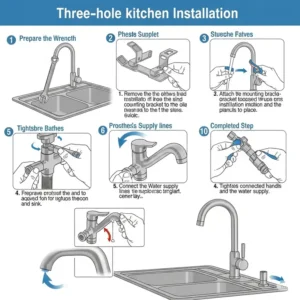 Diagram detailing the step-by-step installation process for a three hole kitchen faucet.