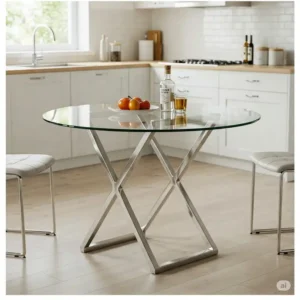 Modern 42 round kitchen table featuring a sleek glass top. 