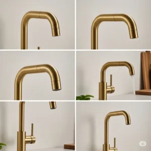 Brushed brass kitchen faucet views multiple angles of a stylish design. 