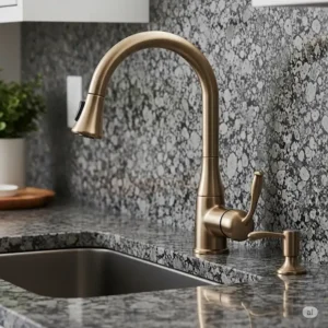 Installation view of a champagne bronze kitchen faucet on a granite countertop