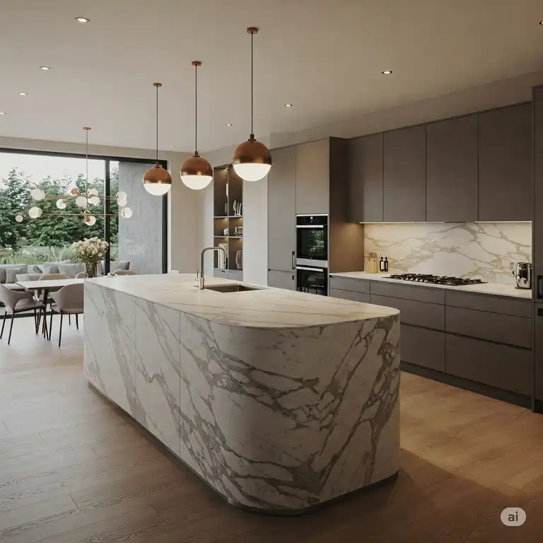 Curved kitchen island seamlessly connecting the cooking area with the rest of the open living space.